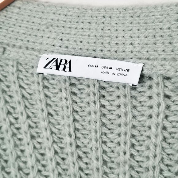 ZARA Sage Green Knit Wrap Tie Belt Cardigan M Sweater Chunky Knit Cozy Soft Long - Picture 8 of 16